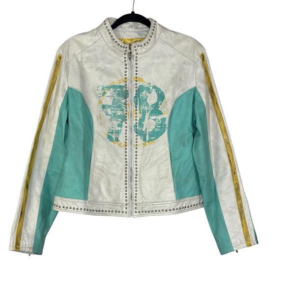 Vintage Wilson's Women’s Leather Jacket Cafe Distressed Aqua Blue USA Sz XL Rare - Picture 2 of 10